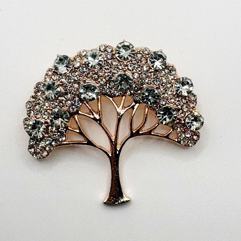 Tree of Life Brooch Pin Clear Rhinestones Rose Gold Tone Fashion Jewelry